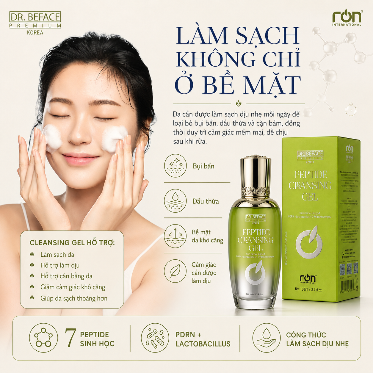 RON DR. BEFACE PREMIUM PEPTIDE CLEANSING GEL/Gel rửa mặt Peptide phục hồi da cao cấp